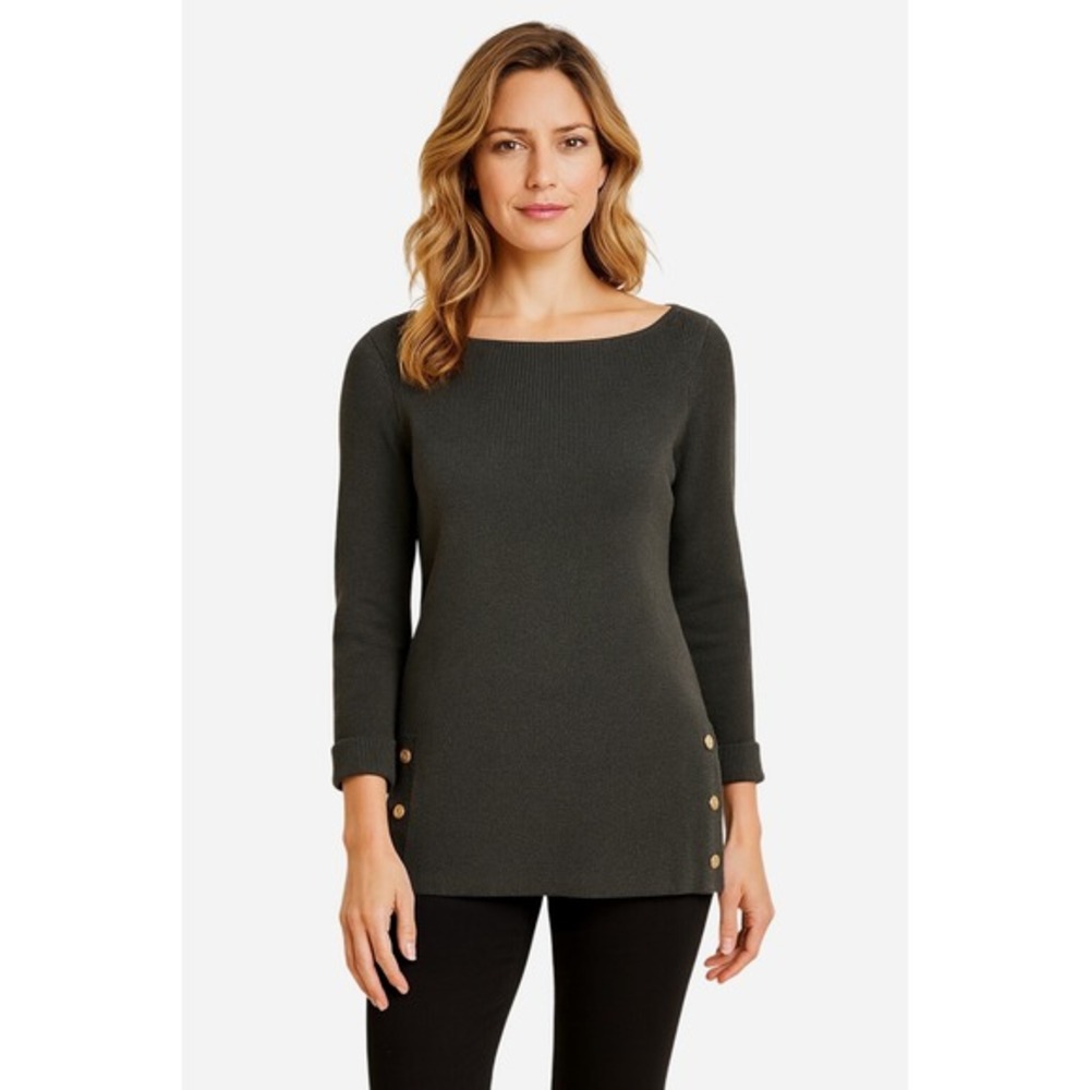 Ann Taylor Black Boat Neck Ribbed Knit Sweater Button Sides M coastal chic 57-25